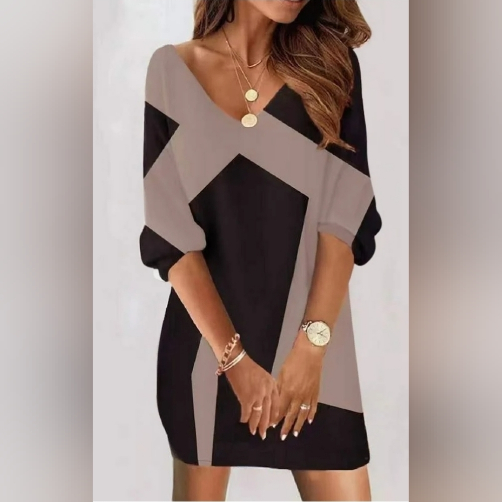 Women's Dress With Black and Taupe Colorblock V Neck Knit Size XXL